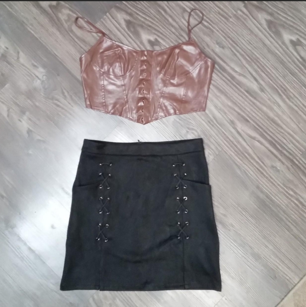 Stylish Black Skirt with Leather Halter Top Set NWOT! Size Large